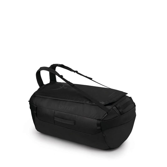 Osprey Transporter Duffel 120 in Raven Black, angled side view showing reinforced handles and shoulder straps.