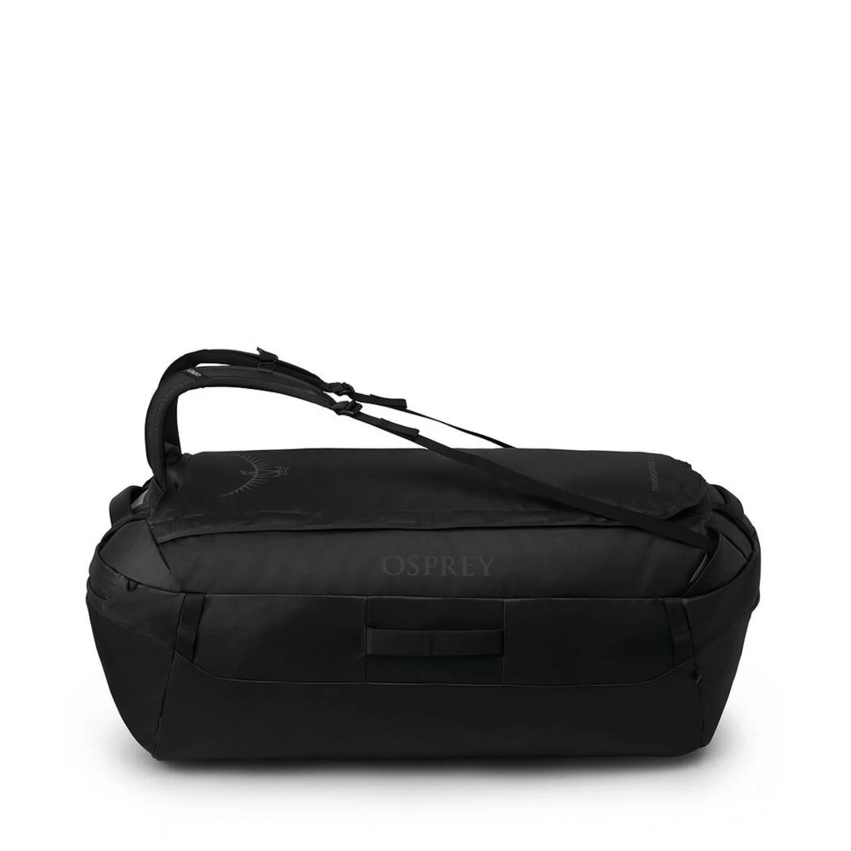 Front view of the Osprey Transporter Duffel 150 in Raven Black with visible Osprey logo