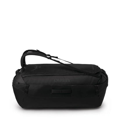 Front view of the Osprey Transporter Duffel 150 in Raven Black with visible Osprey logo