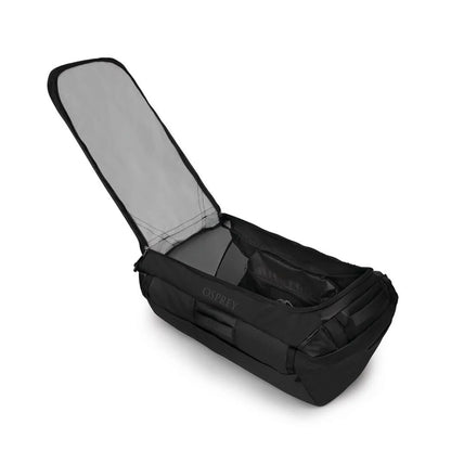 Duffel partially open showing spacious main compartment and internal mesh pocket