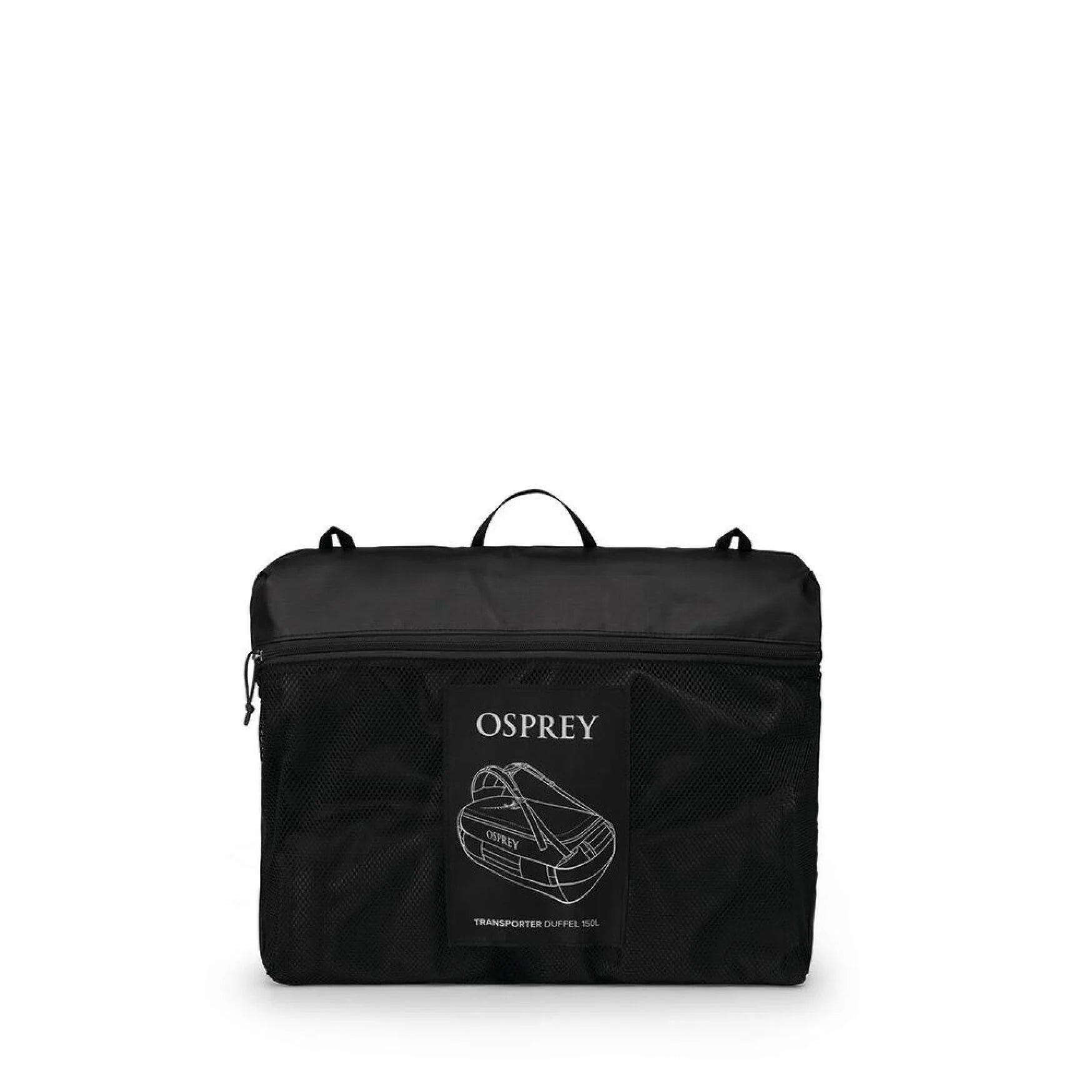 Osprey Transporter Duffel 150 packed into mesh storage bag with product illustration on the front