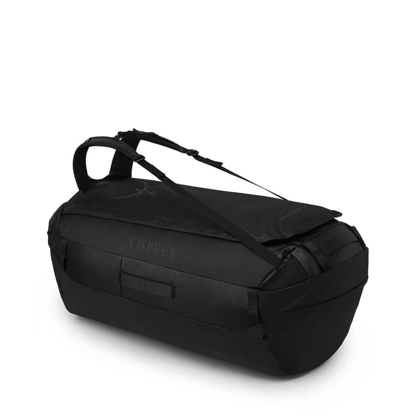 Side view of the Osprey Transporter Duffel 150 in Raven Black with top handles and shoulder straps