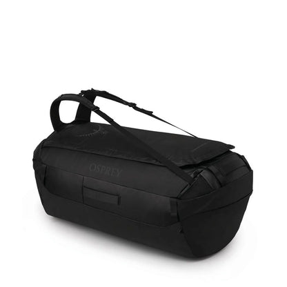 Side view of the Osprey Transporter Duffel 150 in Raven Black with top handles and shoulder straps