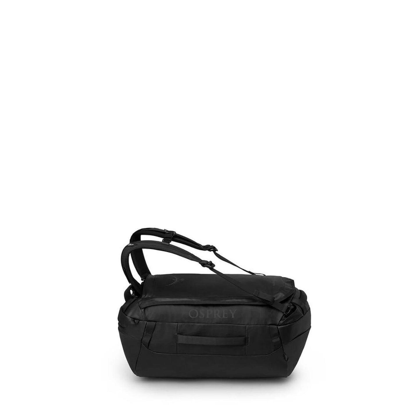 Black Osprey Transporter Duffel 30 front view with stowaway harness visible.