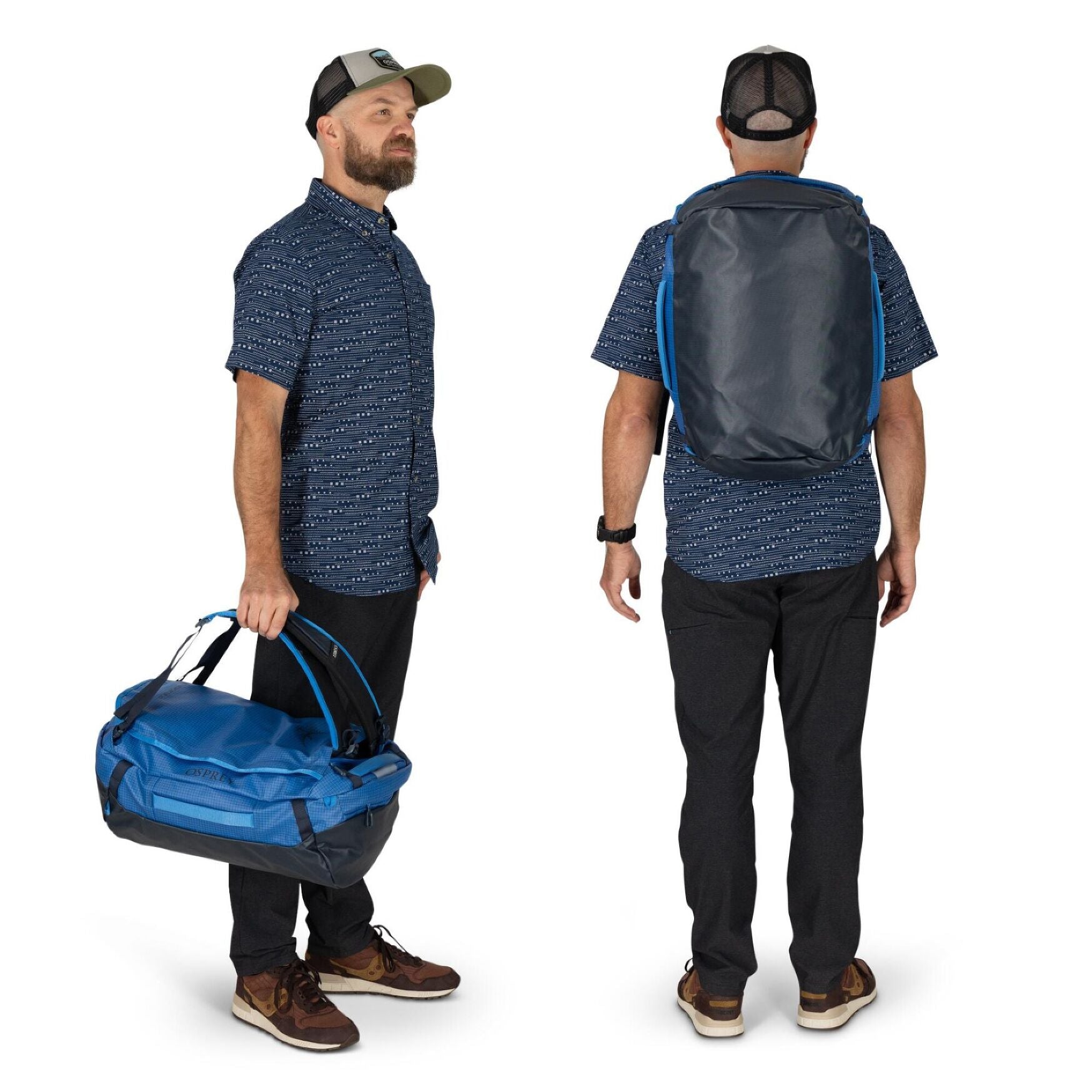 Man carrying blue Osprey Transporter Duffel 30 by hand and wearing it as a backpack to show versatile carry options.