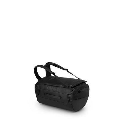 Black Osprey Transporter Duffel 30 angled side view with shoulder straps extended.