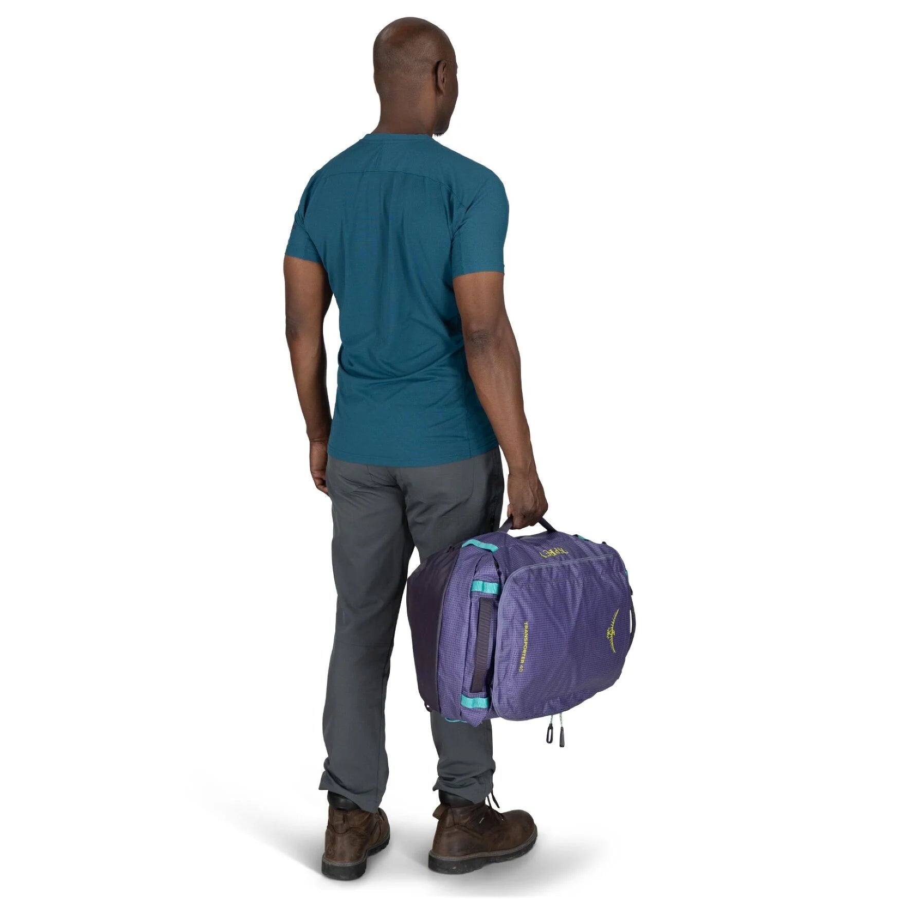 Back view of man carrying Osprey Transporter Duffel 40 Euphoria Purple by side handle