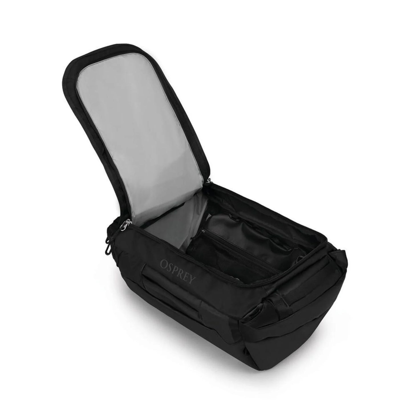 Osprey Transporter Duffel 40 Raven Black - side profile with open compartment