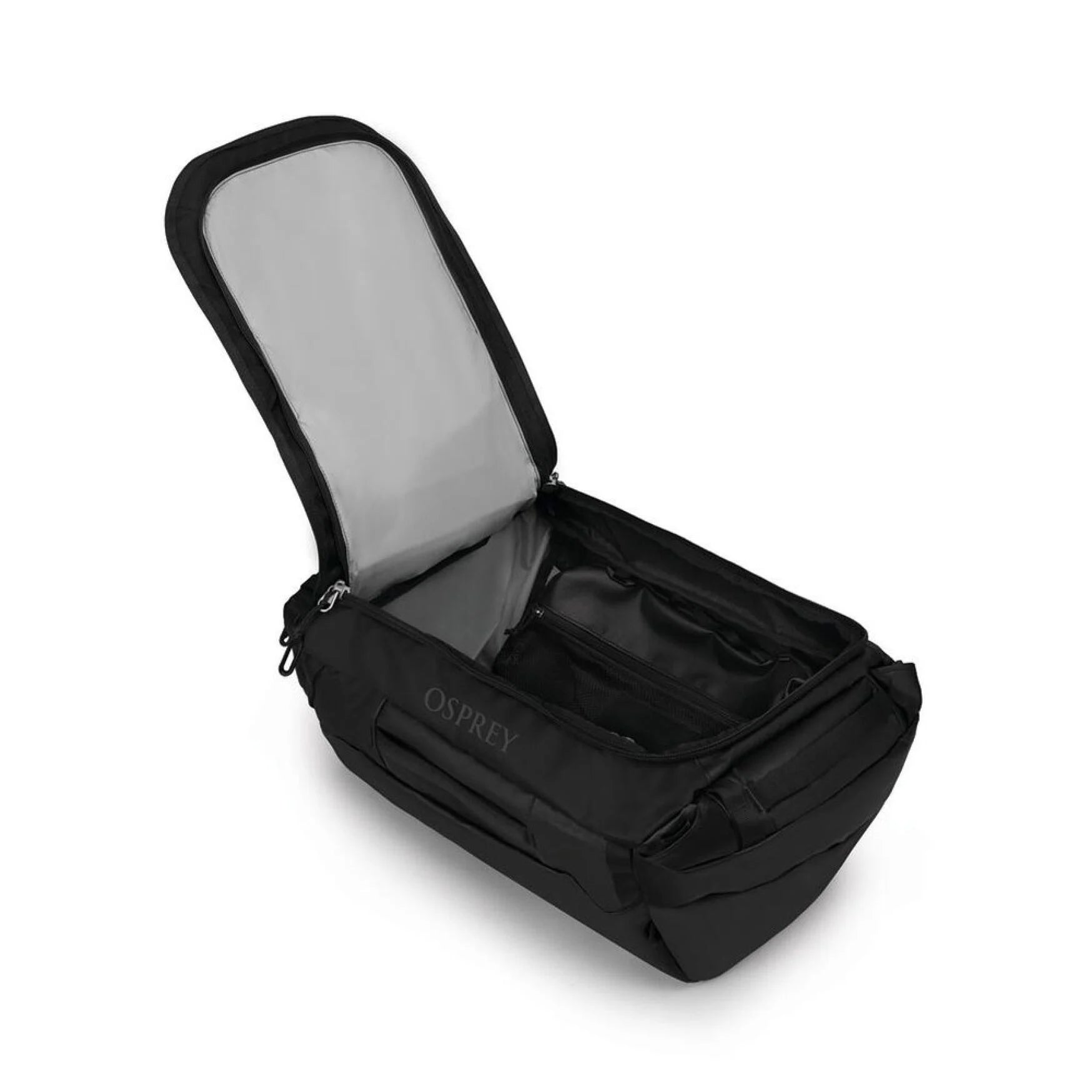 Osprey Transporter Duffel 40 Raven Black - side profile with open compartment