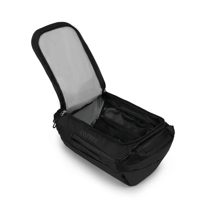 Osprey Transporter Duffel 40 Raven Black - side profile with open compartment
