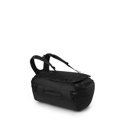 Osprey Transporter Duffel 40 Raven Black - angled side view with stowaway harness straps