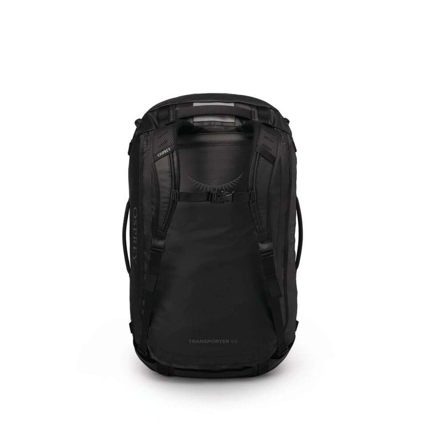Back View – Osprey Transporter Duffel 65 in Raven Black shown upright with harness straps and back panel detail.