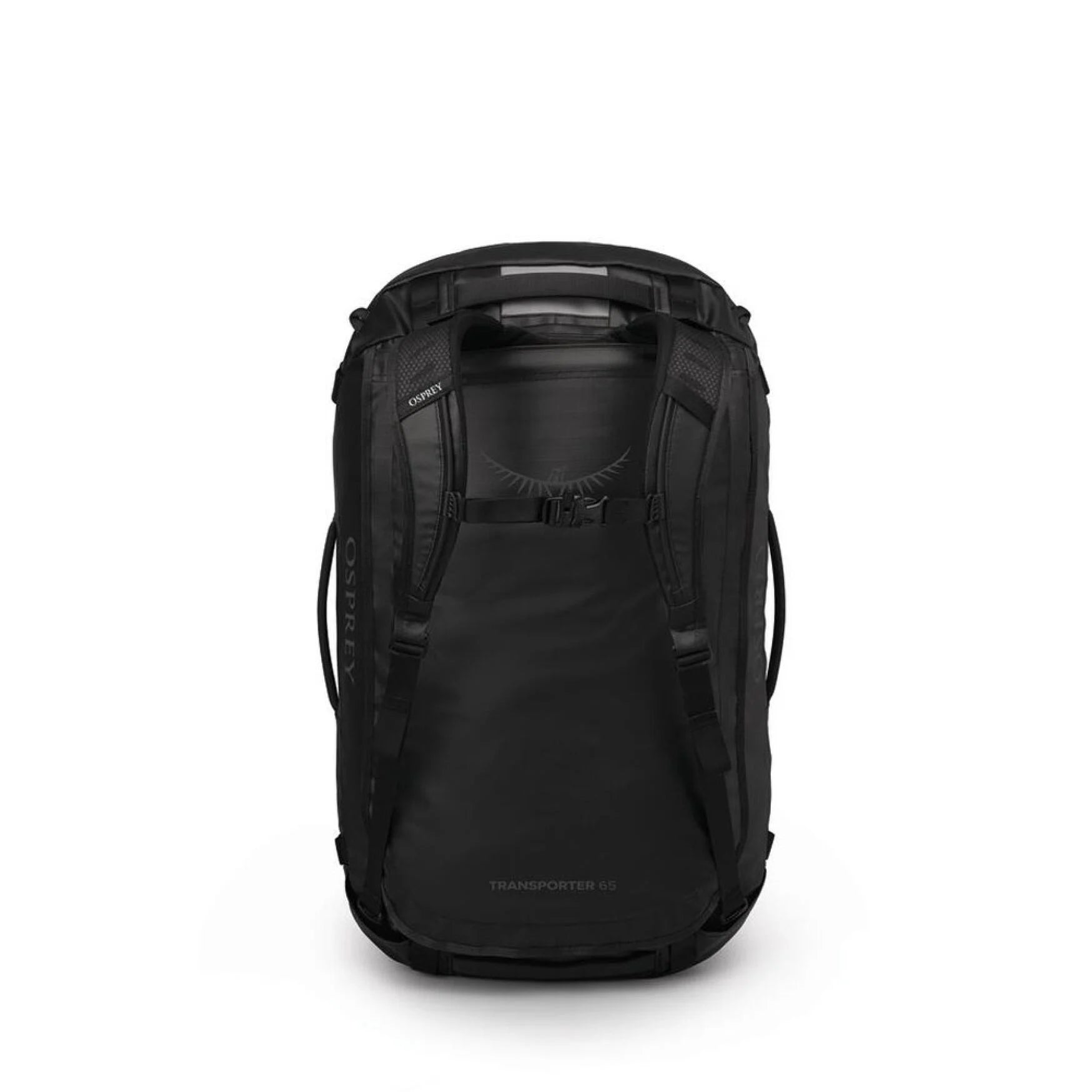 Back View – Osprey Transporter Duffel 65 in Raven Black shown upright with harness straps and back panel detail.