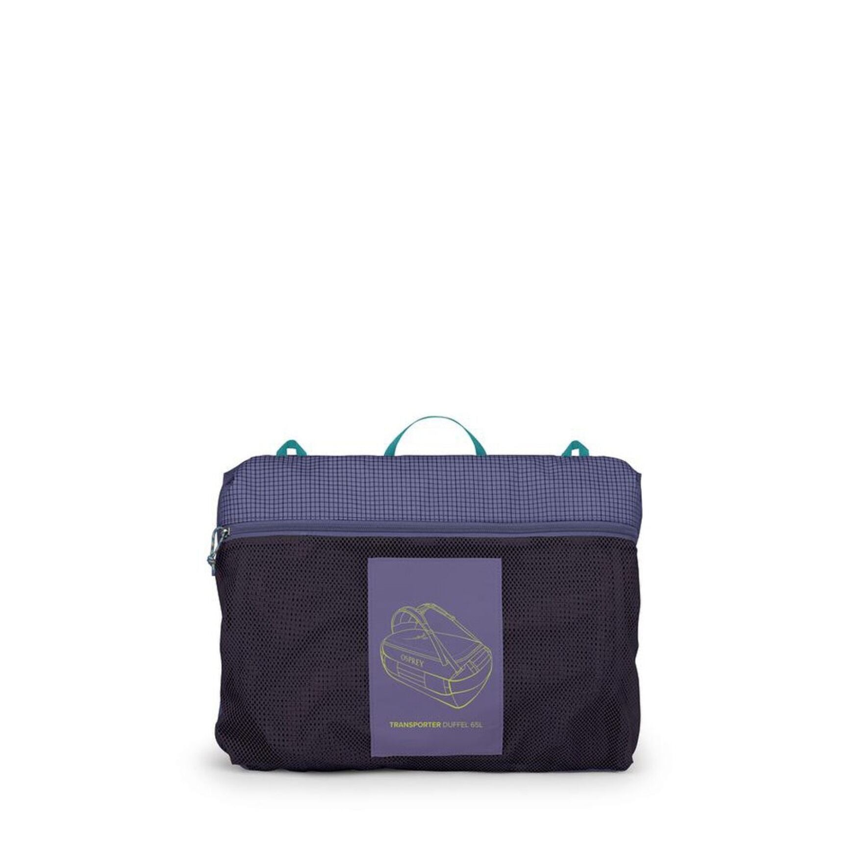 Side View – Osprey Transporter Duffel 65 in Euphoria Purple with teal accents shown from an angled side view
