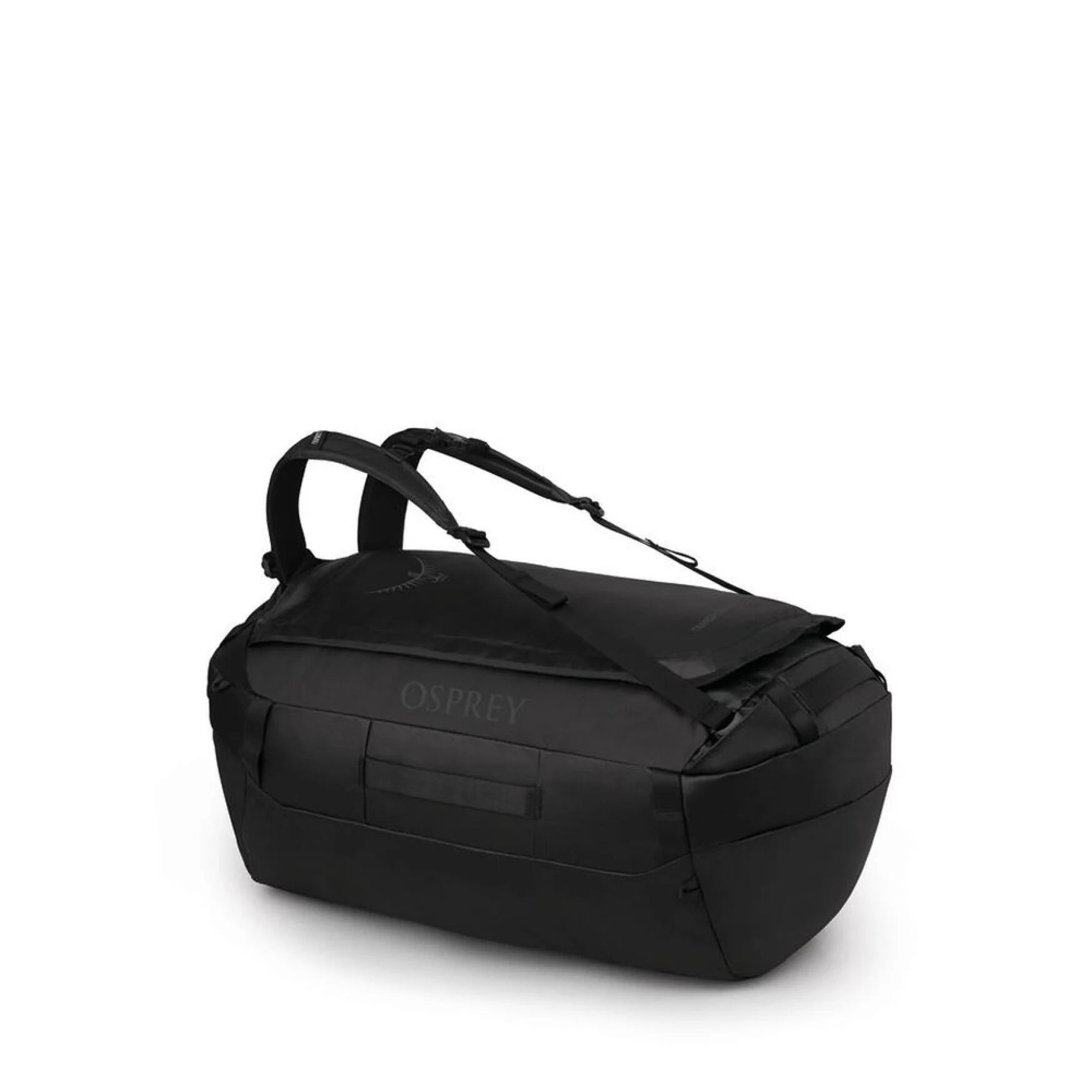 Side View – Osprey Transporter Duffel 65 in Raven Black shown from an angled side view with stowaway backpack straps.