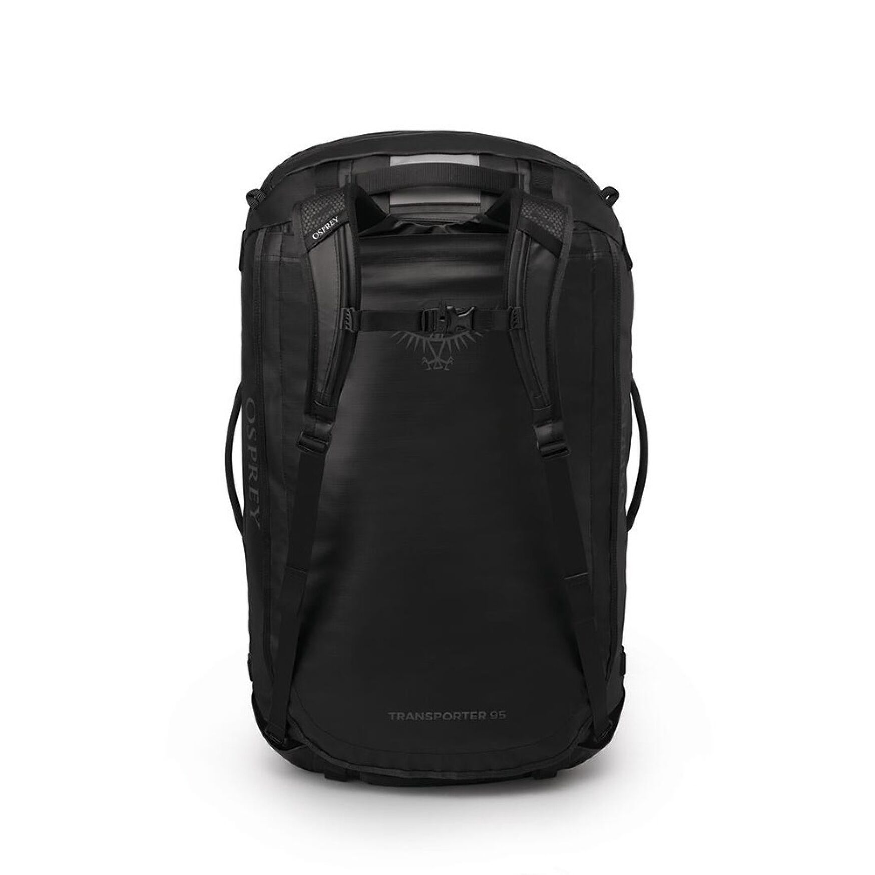 Osprey Transporter Duffel 95 in Raven Black showing stowaway backpack harness