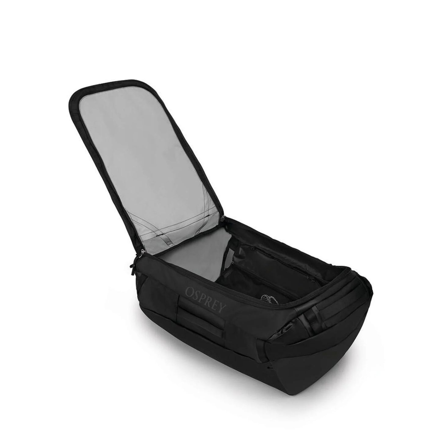 Osprey Transporter Duffel 95 in Raven Black with large U-zip opening shown.