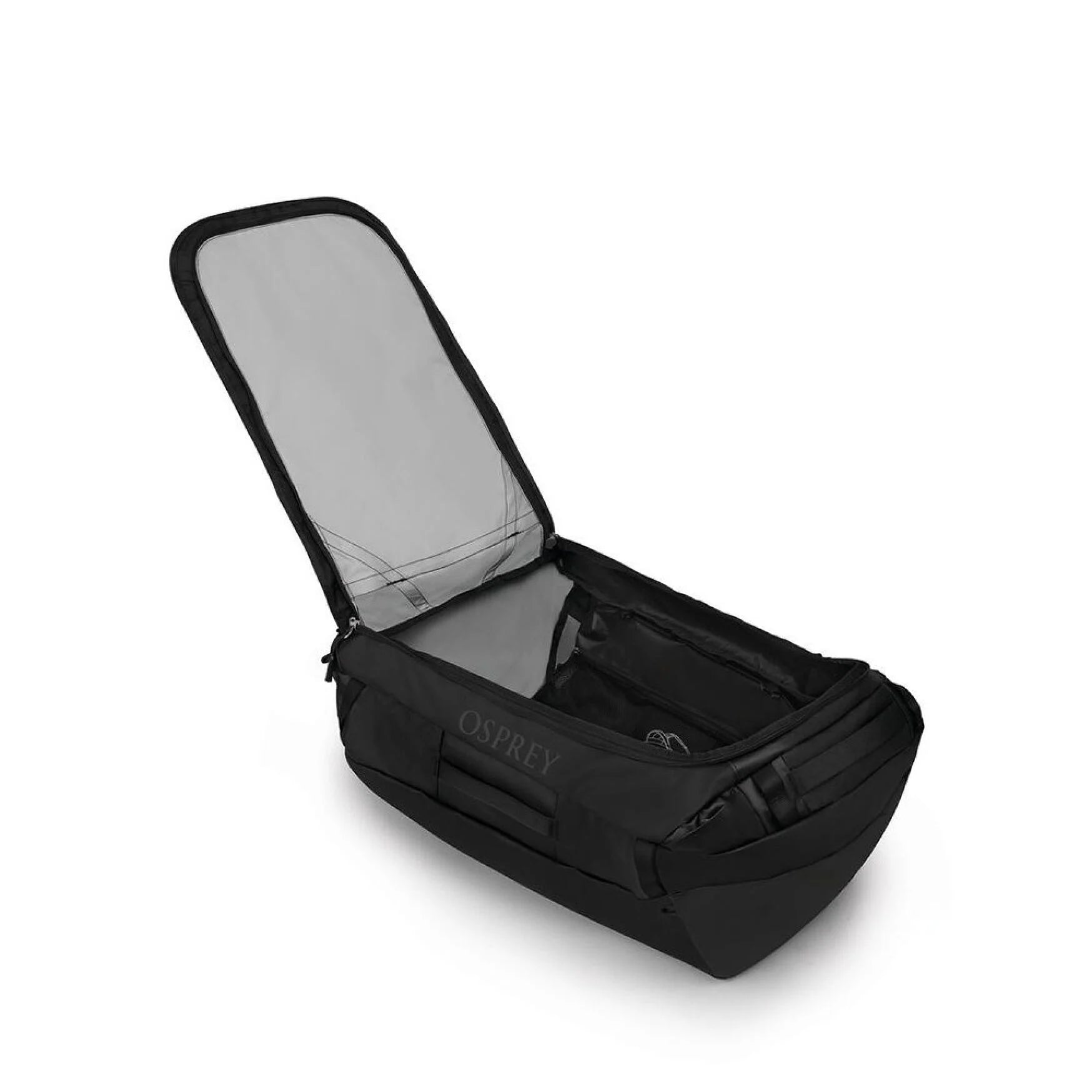 Osprey Transporter Duffel 95 in Raven Black with large U-zip opening shown.