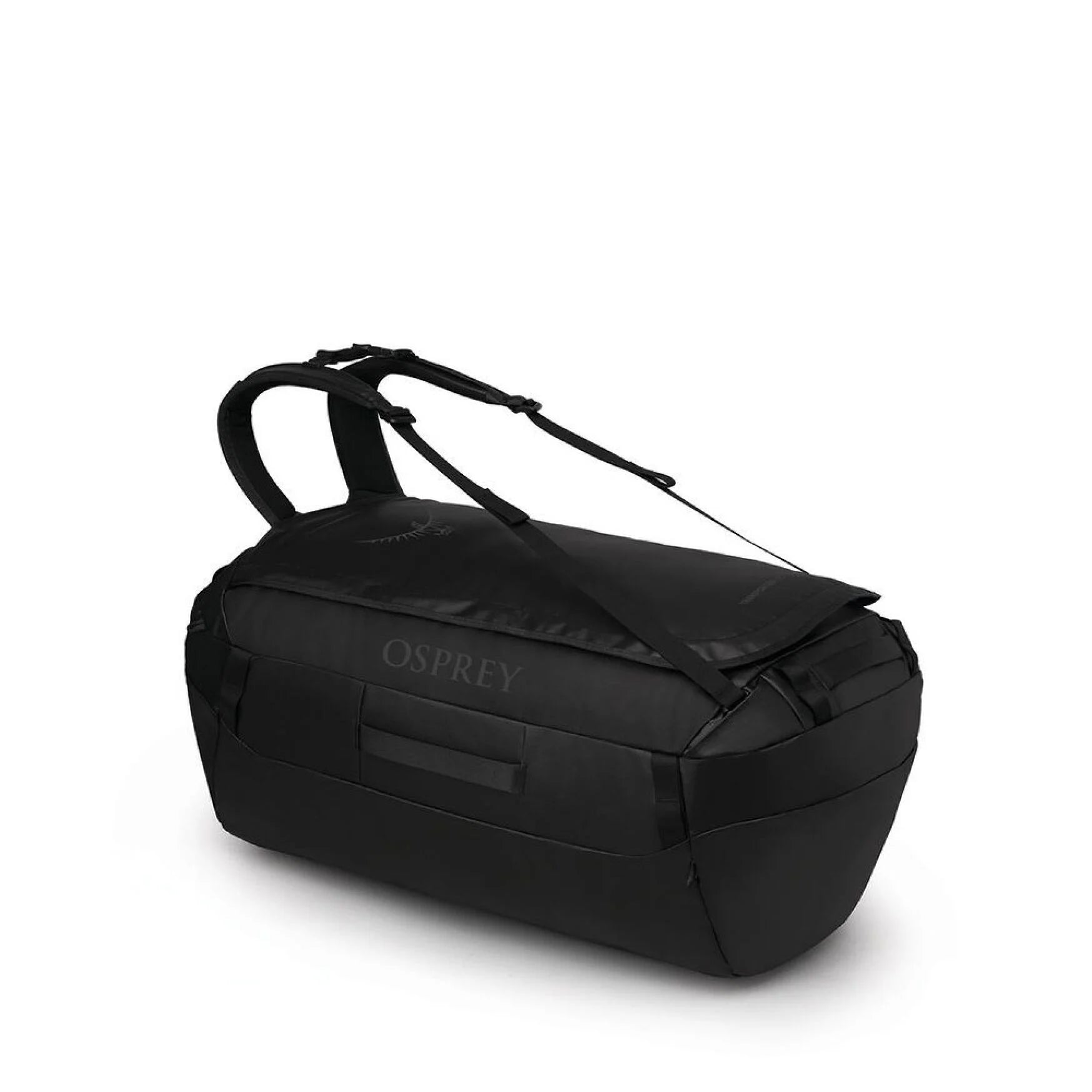 Osprey Transporter Duffel 95 in Raven Black with backpack straps, side view.