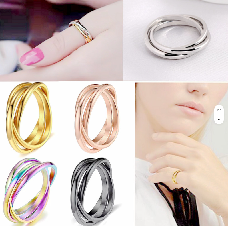 Willow + Wren Everly Interlocking Ring shown in silver, gold, rose gold, rainbow, and black finishes
