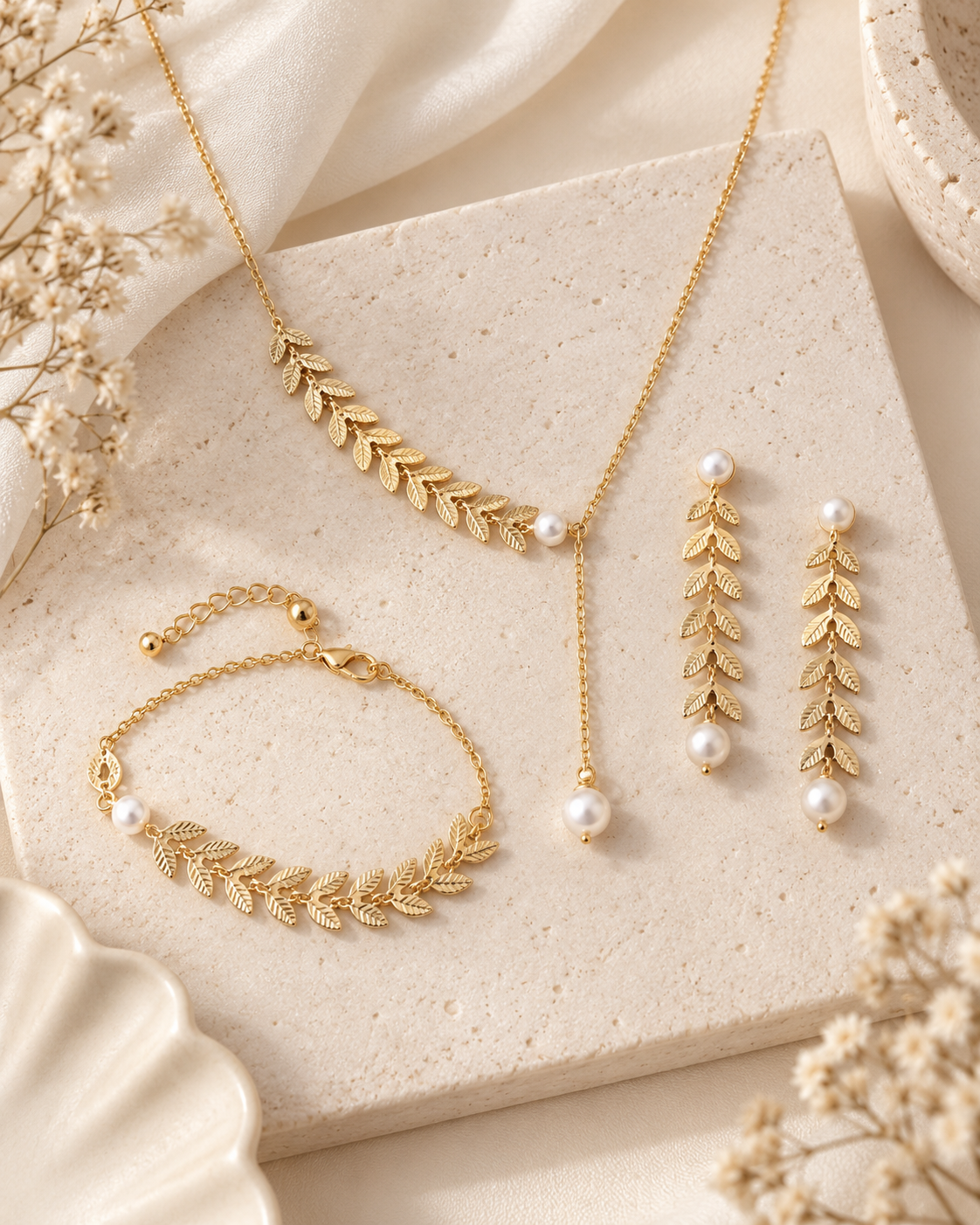 Willow + Wren gold leaf and pearl necklace bracelet and earrings flat lay