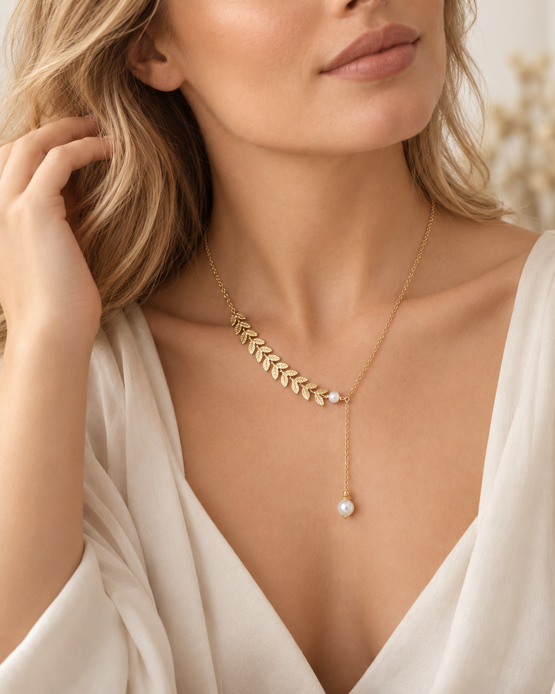 Willow + Wren gold leaf and pearl necklace worn with a white blouse